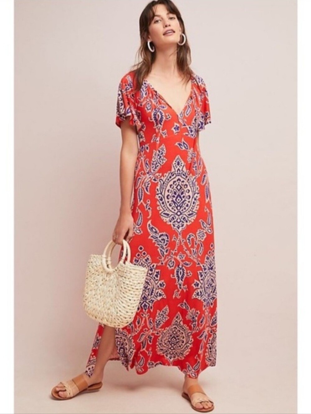 Anthropologie Akemi + Kin Maxi Dress Red Orange Paisley Boho Short Sleeve Size M
